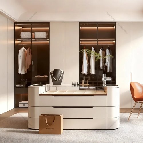 Nordisch luxe sieraden display-eilandkast van massief hout voor walk-in closet, minimalistisch opbergmeubel