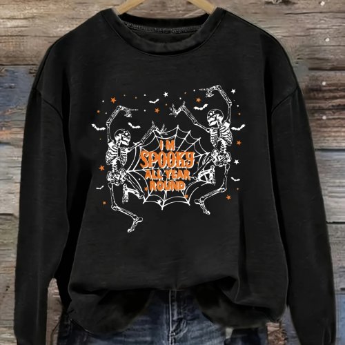 Playera de Manga Larga Cuello Redondo para Mujer - Diseño I'm Spooky All Year Round, Holgada, Halloween