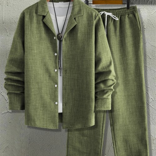 Zestaw 2-częściowy Army Green Textured Notch Lapel - Luźna Koszula z Długim Rękawem i Proste Spodnie