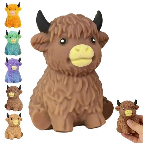 Caja sorpresa de vaca Highland escocesa adorable hecha a mano, juguete squishy crujiente de rebote lento, fidget sensorial para aliviar el estrés, regalo