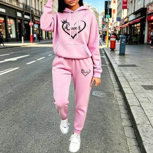 Conjunto de Sweatshirt com Capuz e Calças para Mulher Queen - Fato de Treino Casual para Jogging Outono Inverno Streetwear