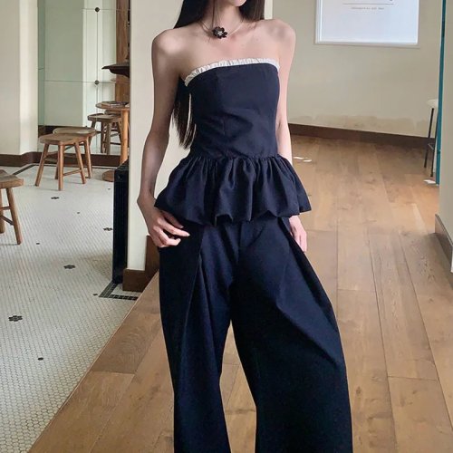 Conjunto 2 piezas mujer top strapless plisado volantes y pantalón de pierna ancha casual