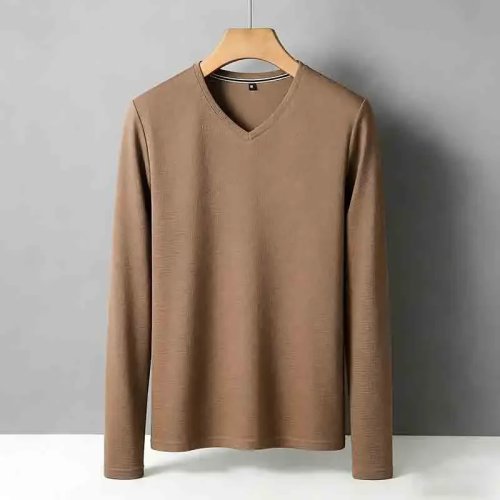 Men's Minimalist V-Neck Long Sleeve T-Shirt - Soft Knit, Comfortable All-Season Top