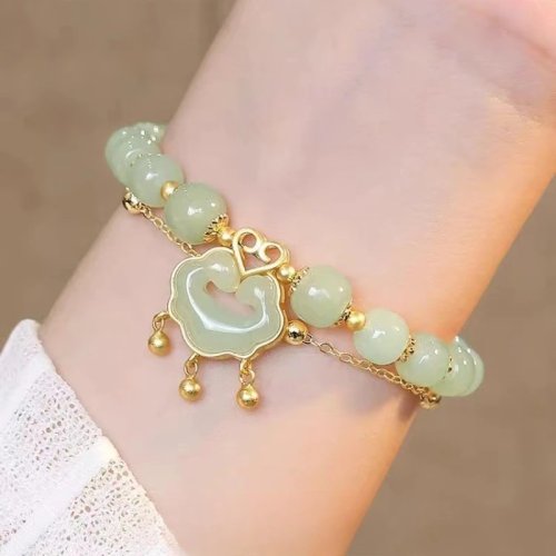 Bracelet en perles de jade vert naturel avec fermoir de sécurité – Bijou porte-bonheur agate vintage luxe, cadeau femme