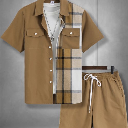 Set 2 Piece Pria Motif Plaid Khaki – Kemeja Lengan Pendek Kerah & Celana Pendek Drawstring, Outfit Kasual Musim Panas