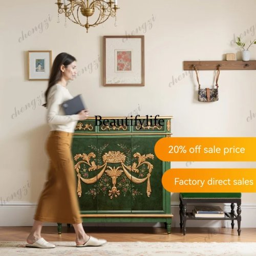 JJ132 Solid Wood Three-Bucket Storage Cabinet, Porch Cabinet, Living Room Shoe Rack, Antique Style