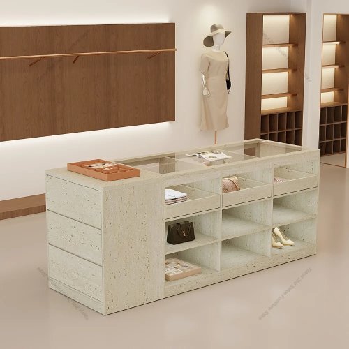 Armario expositor isla moderno de diseño para boutique de alta gama, expositor deslizante combinable, mobiliario de oficina