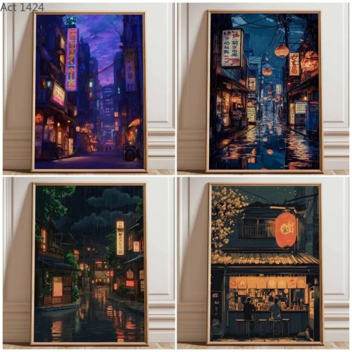 Neon-Tokio-Straßenposter, Cyberpunk-Nachtstadt-Wandkunst, Japanische Stadtlichter-Deko, Futuristisches Anime-Wandbild
