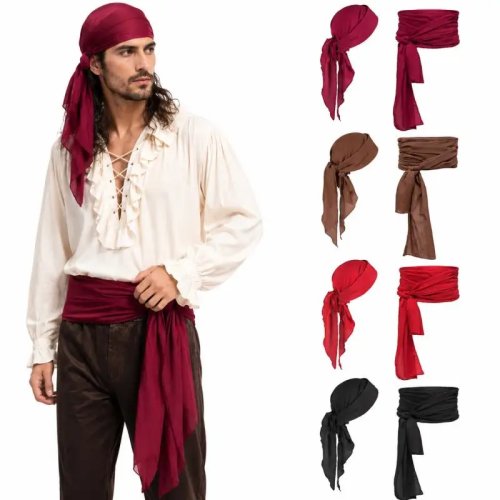 Set Fazzoletto per la Testa e Fascia per la Vita Pirata - Bandana Medievale Fascia con Coda Lunga Cintura per Uomo Donna Halloween Cosplay Costume
