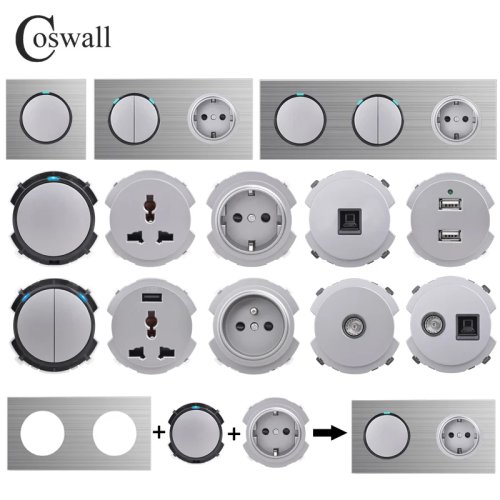 COSWALL R12 벽 스위치 및 EU/FR 콘센트 알루미늄 패널 실버그레이 USB 충전기 TV RJ45 CAT6 모듈 DIY 자유 조합