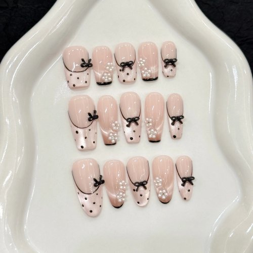 10 uñas postizas adhesivas estilo bailarina, diseño francés ojo de gato rosa con moños negros, uñas postizas hechas a mano