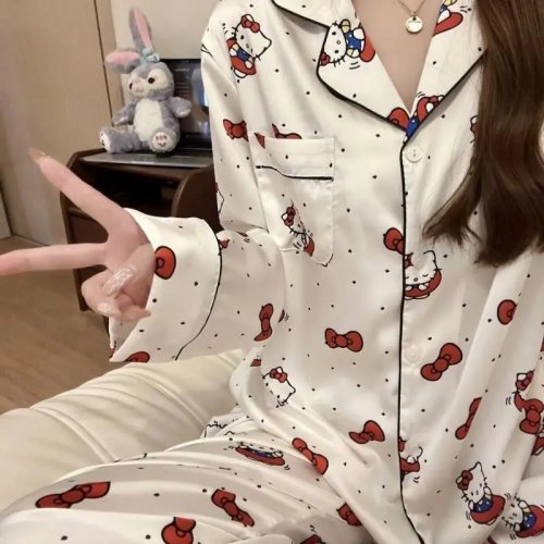 Hello Kitty Pyjama Schleife Niedlich Hauskleidung Mädchen Frühling Sommer Neu Langarm Hose Set Bequem Auch Draußen Tragbar