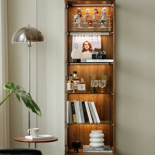 Vitrina de nogal negro, vinoteca de madera maciza con puertas de cristal transparente, vitrina lateral para figuras