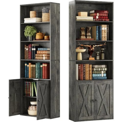 Estante alta 178 cm para sala, aglomerado, cinza carvão, prateleiras ajustáveis e portas de vidro temperado