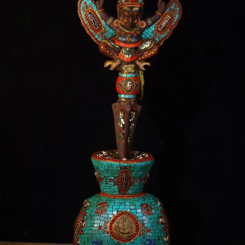 21 Zoll antikes Amulett – Schildkrötenstatue Sockel, Vajra Dhwaja Garuda, Türkis, Dzi-Perlen, Meteorit-Mosaik-Edelstein