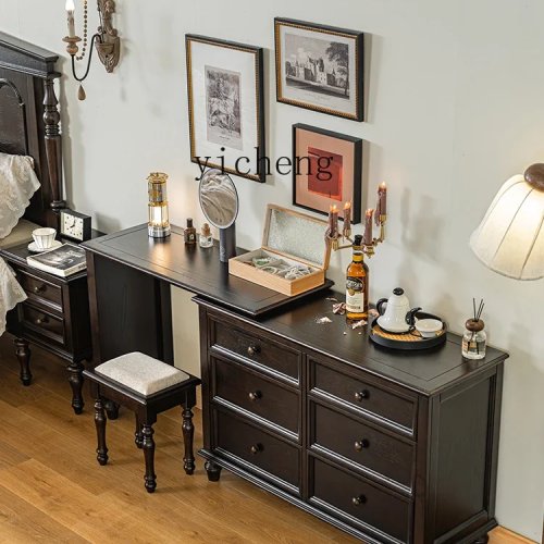 Commode en Bois Massif Rétro avec Coiffeuse Intégrée, Table de Chevet Extensible avec Rangement
