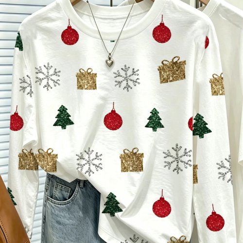 Top à manches longues femme imprimé Noël – sapin, flocons de neige, cadeaux, col rond, doux, casual, ajusté