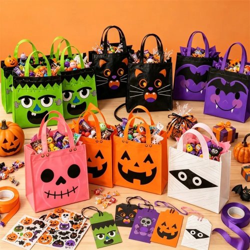 24 Bolsas de Dulces de Halloween Reutilizables de Tela No Tejida, 6 Diseños de Monstruos de Dibujos Animados con Asas, Bolsas de Regalo para Fiesta de Truco o Trato