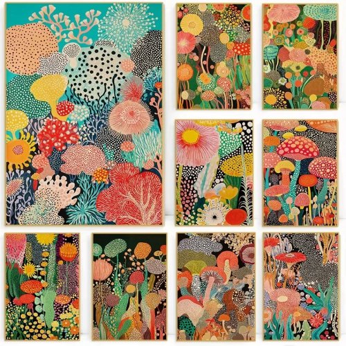 Affiche Botanique Inspirée de Yayoi Kusama - Art Mural sur Toile Style Japandi avec Fleurs et Pois Colorés pour Décoration Maison