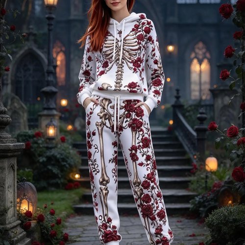 Хэллоуин Женский Gothic Skeleton Print 2-предметный спортивный костюм, худи и джоггеры - Темный романтический цветочный стиль, свободный крой