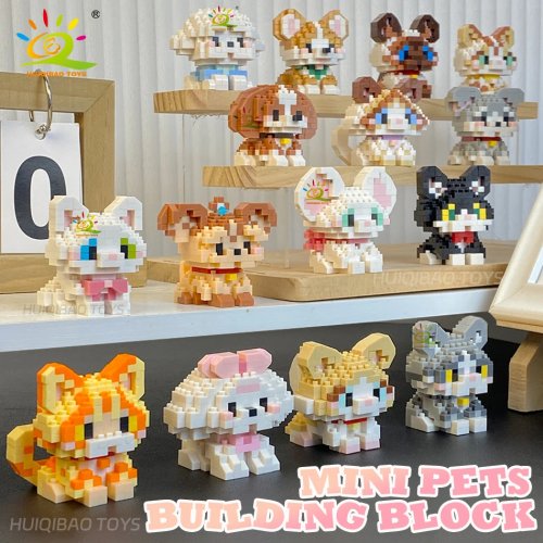 HUIQIBAO Mini-Baustein-Set Hund & Katze – Niedriges Cartoon-Tier Diamond Bricks Lernspielzeug für Kinder & Erwachsene