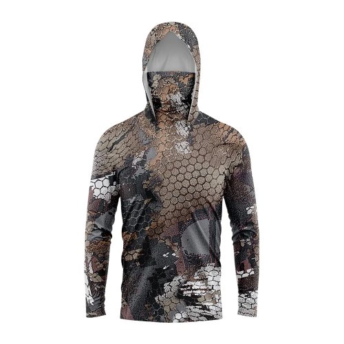 Kemeja Hoodie Fishing Pria Camo Hexagon Coklat Vintage dengan Penutup Wajah Built-in UPF50+ Anti UV Cepat Kering Lengan Panjang