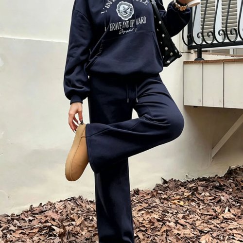 Completo tuta donna 2 pezzi felpa con cappuccio stampa vintage e pantaloni wide leg – vestibilità oversize, maniche lunghe, casual