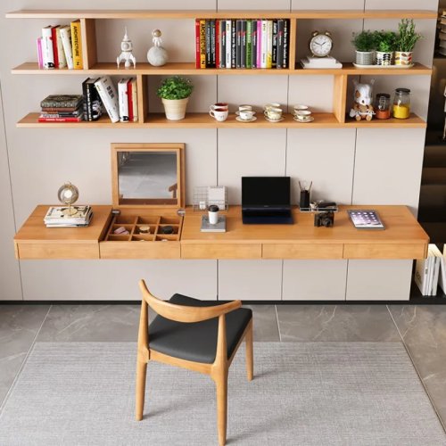 Moderner wandmontierter Schreibtisch mit Bücherregal aus Massivholz – Nordischer schwebender Schreibtisch für Schlafzimmer, Wohnmöbel
