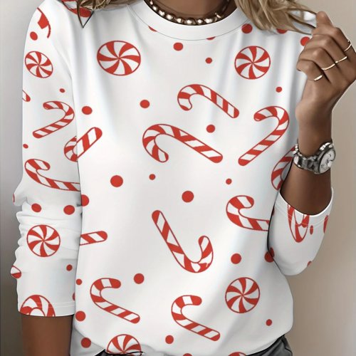Women's Christmas Candy Cane Print Long Sleeve T-Shirt - Autumn Casual Holiday Party Top