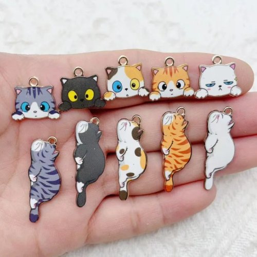 10 Pezzi Portachiavi Ciondolo Gatto Carino Cartone Animato Lega Smalto Accessori Fai da Te