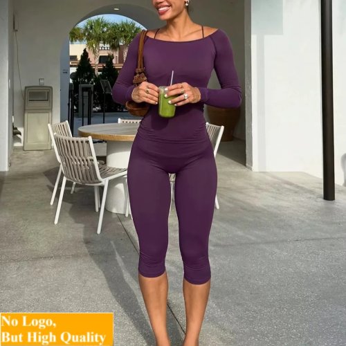 Ensemble de yoga femme 2 pièces sans logo – t-shirt manches longues une épaule et legging capri moulant, tenue de fitness gainante