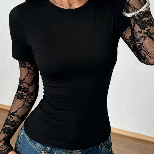 Blusa elegante de mujer negra cuello redondo falso dos piezas encaje transparente manga larga punto elástico slim fit