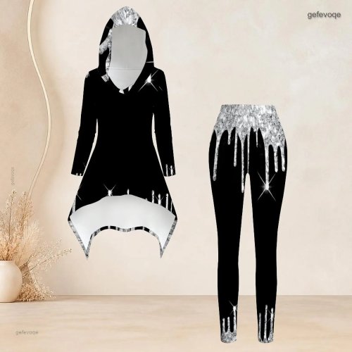 Setelan 2 Piece Wanita Atasan Hoodie Lengan Panjang & Celana Ketat Cetak Glitter Silver Hitam