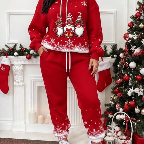 レディース クリスマス刺しゅう風プリント パーカー＆ジョガーパンツ 2点セット 冬のフェスティブコーデ