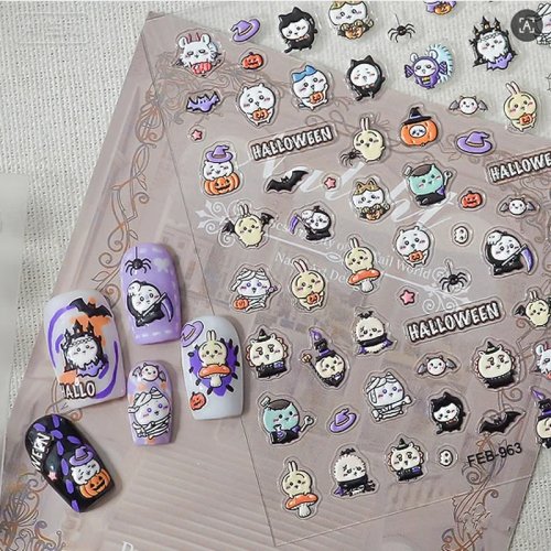 Sticker móng tay 5D Chiikawa dập nổi – Decal nail art DIY hình hoạt hình Halloween, ngôi sao, đồ ăn nhanh dễ thương cho phụ nữ và bé gái