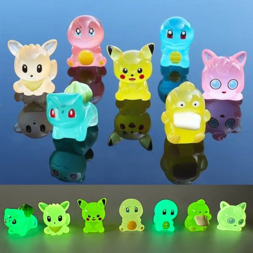 Conjunto de 7 figuras anime Pokémon, modelos de personagens fofos e luminosos, enfeite de secretária kawaii, estátua colecionável, presente brinquedo para coleção