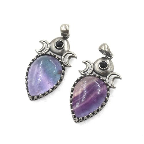 Dây chuyền mặt đá thạch anh hồng tự nhiên hình giọt nước, màu bạc vintage, kèm mặt trăng đôi và mắt đá rhinestone đen
