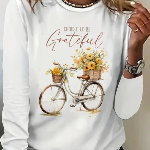 Vintage Choose to Be Grateful Fahrrad Grafik T-Shirt für Damen, lässiges Langarm-Shirt mit Rundhalsausschnitt