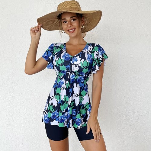 Tankini Feminino 2026 Conjunto Bikini Estampado Floral Decote em V Mangas com Folhos Azul Marinho Duas Peças