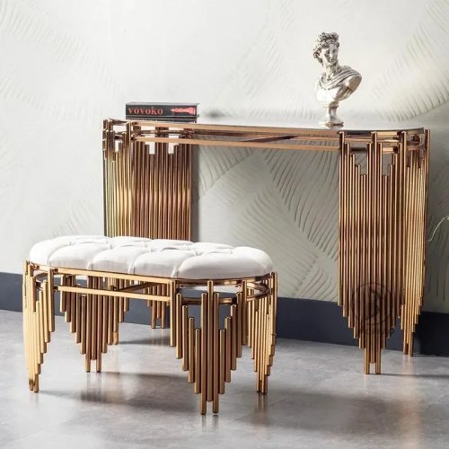 Mesa consola de luxo D9 em aço inoxidável titânio dourado com vidro temperado e tampo em mármore espelhado para sala e entrada
