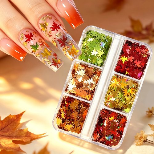 Sequins móng hình lá phong holographic – Mảnh lá mùa thu đỏ và vàng xanh cho làm móng DIY và nhựa resin