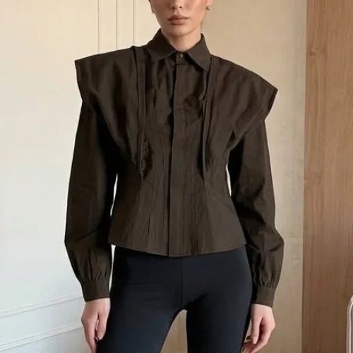 Elegante Katoenen Blouse voor Dames met Riem, Lange Mouwen, Onregelmatige Zoom, Knoopsluiting, Slim Fit, Casual Herfstblouse