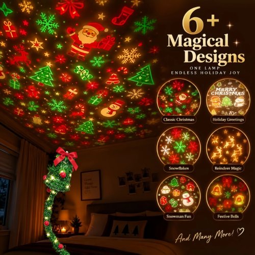 Proyector de árbol de Navidad USB con 6 diapositivas, lámpara ambiental navideña para sala, recámara, auto y fiesta
