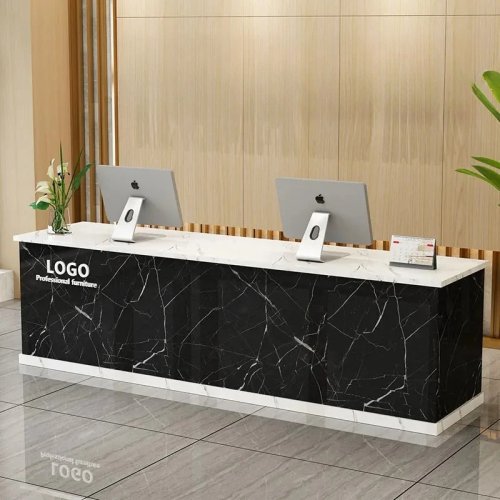 Balcão de receção minimalista moderno, design retro estreito, tampo em mármore personalizado, mobiliário comercial
