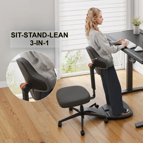 3in1 인체공학 스탠딩 데스크 체어, 앉기-서기-기대기 퍼치 스툴, 높이 조절 사무용 스툴 백서포트 및 발받침 포함