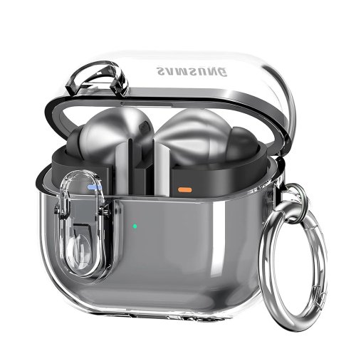 Transparante hoes met vergrendeling voor Samsung Galaxy Buds 3 / Buds 3 Pro oplaadcase, harde carbonlook shell en veilige clip (2025)