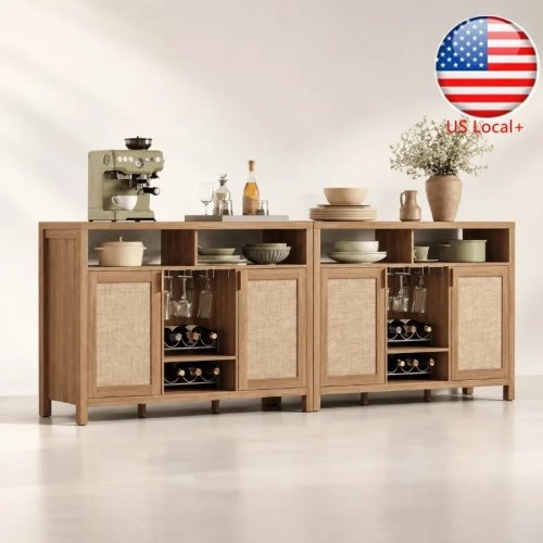Mobile Bar Caffè 51 con Contenitore, Carrello Bar in Rattan, Portabottiglie per Bar Domestico, Rattan Naturale, Beige, Pieghevole