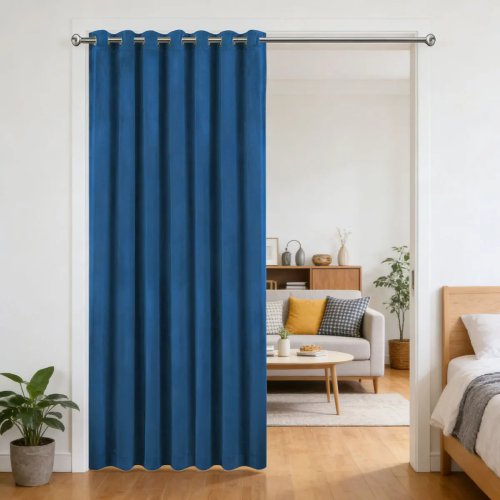 Cortinado divisor de veludo azul safira com ilhoses, cortina de separação espessa lisa para decoração minimalista de quarto e sala