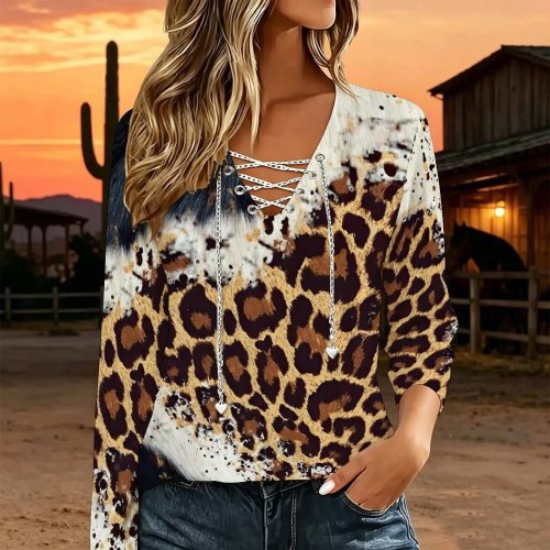 Áo Blouse Nữ Cổ V Tay Dài Xích Kim Loại Đan Chéo Dây Buộc Cutout Rộng Rãi Thường Ngày - In Theo Yêu Cầu Phong Cách Western Tee