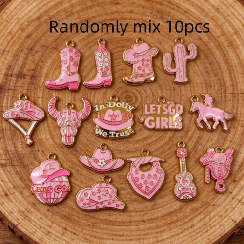 10Pcs Cowgirl Western Charm Set, Pink Alloy Enamel, Cowboy Hat Boot Horse Cactus Pendants for DIY Necklace Earring Making